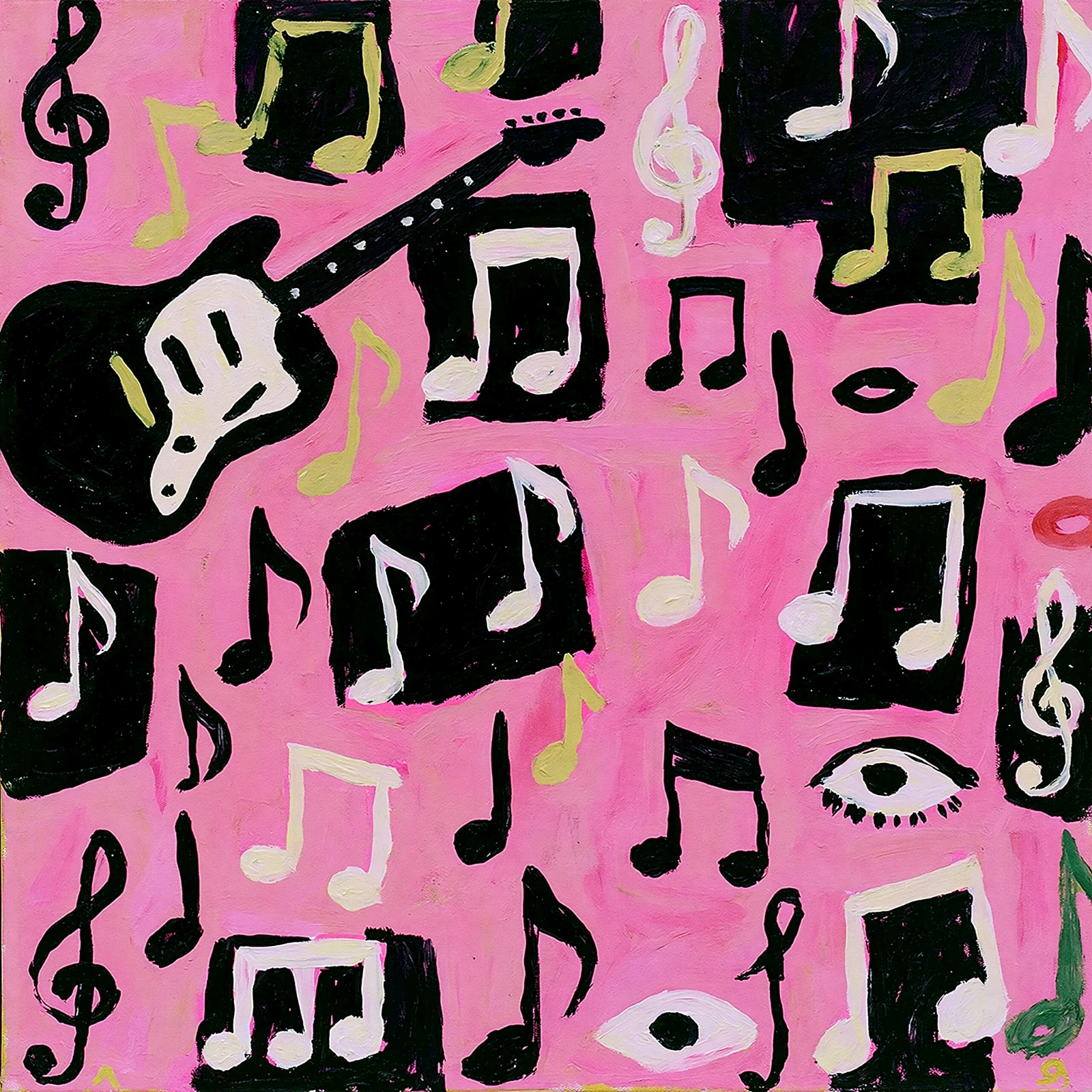 A hot-pink painted field filled with black, white, and acid-yellow musical notes, a black guitar with a white smiling face, two eyes, and a small pair of lips.