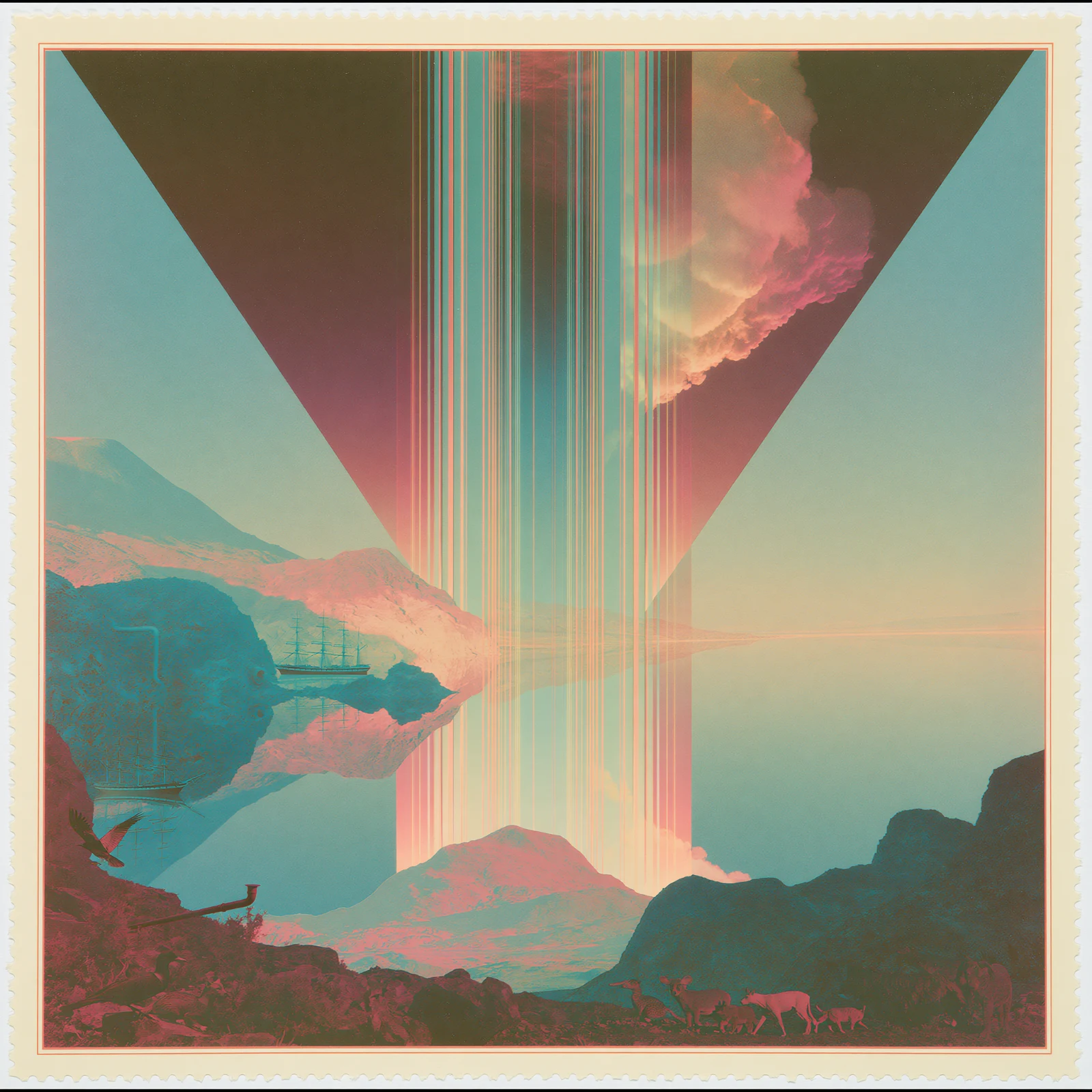 A surreal vintage-stamp landscape in coral, cyan, and deep brown: a clipper ship, mountains, birds, animals, smoke, and vertical light bands reflected across calm water.